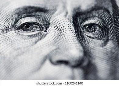 Benjamin Franklin's look on a hundred dollar bill. Benjamin Franklin portrait macro usa dollar banknote or bill - Powered by Shutterstock