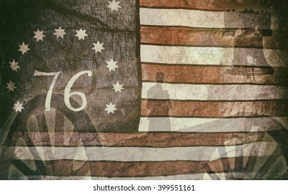 Bennington Flag Americana. A Version Of The American Flag Associated With The American Revolution Battle Of Bennington. With Silhouettes Of A Solider, Cannon And The Liberty Bell.