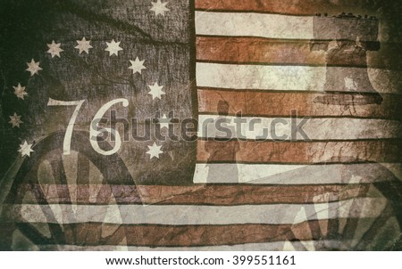 Bennington Flag Americana. A version of the American flag associated with the American Revolution Battle of Bennington. With silhouettes of a solider, cannon and the liberty bell.