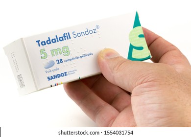 Benon, France - November 7, 2019:closeup On Tadalafil 5mg Package, A Medicine Used To Treat Erectile Dysfunction Or Prostatic Hypertrophy