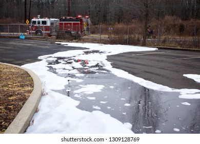 Bensalem, Pennsylvania / USA - February 7, 2019: Firefighting Foam Remains On The Ground Surface Following A Tanker Truck Accident.