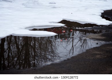 Bensalem, Pennsylvania / USA - February 7, 2019: Firefighting Foam Remains On The Ground Surface Following A Tanker Truck Accident.