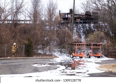 Bensalem, Pennsylvania / USA - February 7, 2019: Firefighting Foam Remains On The Ground Surface Following A Tanker Truck Accident.