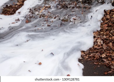 Bensalem, Pennsylvania / USA - February 7, 2019: Firefighting Foam Remains On The Ground Surface Following A Tanker Truck Accident.