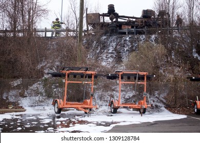 Bensalem, Pennsylvania / USA - February 7, 2019: Firefighting Foam Remains On The Ground Surface Following A Tanker Truck Accident.