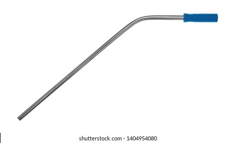 Bent Stainless Steel Metal Straw With A Blue Silicone Straw Tip Isolated On A White Background.