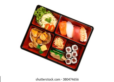 Bento Box Set With Sushi Isolated On White Background, Top View