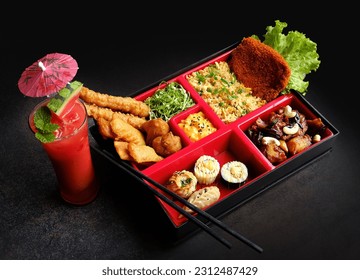 bento box with sushi, rolls, rice, chicken, beef, prawn, pork, lunch, box, bento, meal, Japanese style, sashimi, tempura, pickles, dinner, dark background, sushi, sashimi, tempura, watermelon juice
