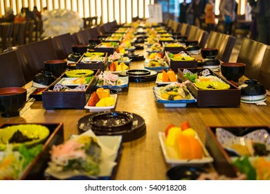 Ben-to Lunch Set Japanese Food On Long Table Background.