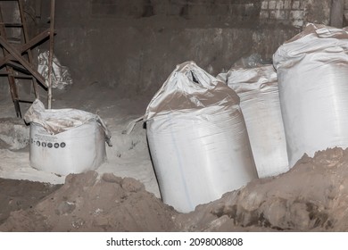 Bentonite Clay Powder Packed In Bags At An Industrial Plant For Processing Sand, Soil And Land.