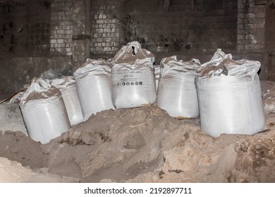 Bentonite Clay Powder Packed In Bags At An Industrial Plant For Processing Sand, Soil And Land.