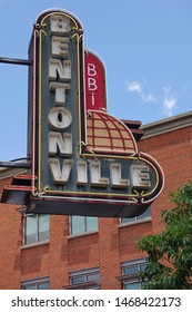 BENTONVILLE, ARKANSAS -28 JUN 2019- View Of A Sign In Downtown Bentonville, Arkansas, Home Of The Walmart Corporation.