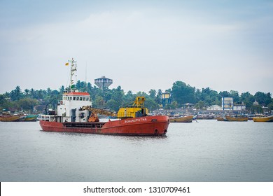 Bentota, Sri Lanka - 6 March 2014. Small Cargo Ship In The Port Of Sri Lanka