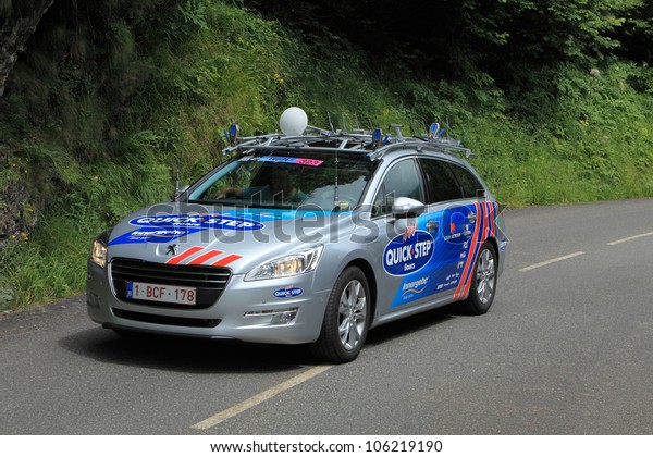 BEOST,FRANCE-JUL\
15:Official car of the Quick Step cycling team on the category H\
climbing route to mountain pass Abisque in the 13 stage of the \