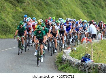 BEOST,FRANCE-JUL 15:The peloton climbing the mountain pass Aubisque in the 13 stage of "Le Tour de France" on July 15 2011 in Beost France.