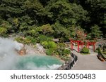 Beppu hot spring in Oita, Japan. This hot spring is known as kamado Jigoku. It is popular with other tourists. The name here is derived from the culture of the Kamado Hachiman shrine.