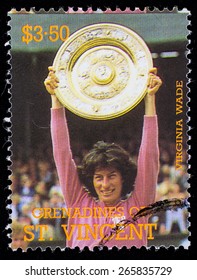 BEQUIA - CIRCA 1988: A Stamp Printed In Grenadines Of St. Vincent Shows Tennis Players Virginia Wade, Circa 1988