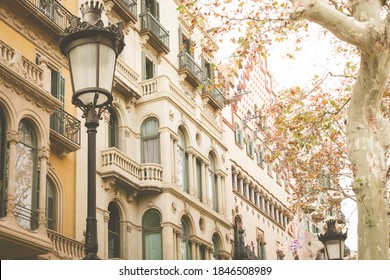 Bercelona, Spain November 2 2020 - Barcellona Spain City View With Urban Architecture Of The Most Famous Old Building Facades In Paseo De Gracia In Gaudi District With Close Up Of Art Deco Details