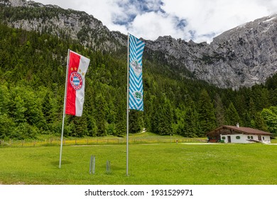 Berchtesgaden, Bavaria, Germany, 2017, June, 16, The Flag Of The Football Club Bayern Munich On An Alpine Pasture In The Mountains