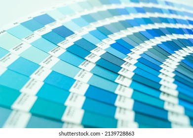 Berdsk, Russia - 7 Feb 2022: Pantone Color Guide. Palette Of Cold Color Shades. A Sample Of The Chromaticity Of The Colors System. Reference Colors Of Paints. Selective Focus