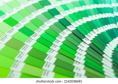 Berdsk, Russia - 9 Feb 2022: Pantone Color Guide. Palette Of Green Color Shades. A Sample Of The Chromaticity Of The Colors System. Reference Colors Of Paints. Selective Focus