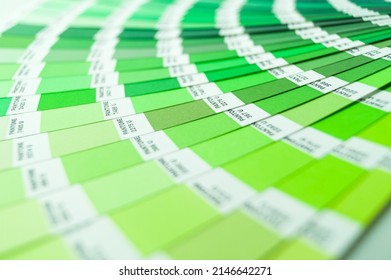 Berdsk, Russia - 9 Feb 2022: Pantone Color Guide. Palette Of Green Color Shades. A Sample Of The Chromaticity Of The Colors System. Reference Colors Of Paints. Selective Focus