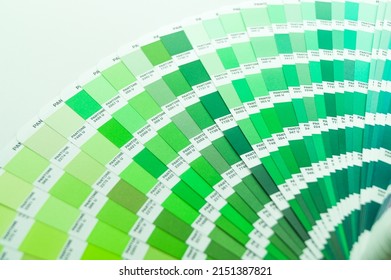 Berdsk, Russia - 9 Feb 2022: Pantone Color Guide. Palette Of Green Color Shades. A Sample Of The Chromaticity Of The Colors System. Reference Colors Of Paints. Selective Focus