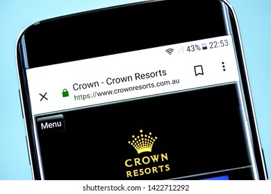 Berdyansk, Ukraine - 10 June 2019: Crown Resorts Website Homepage. Crown Resorts Logo Visible On The Phone Screen, Illustrative Editorial.