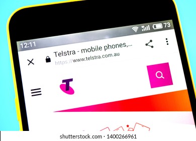 Berdyansk, Ukraine - 14 May 2019: Illustrative Editorial of Telstra website homepage. Telstra logo visible on the phone screen.