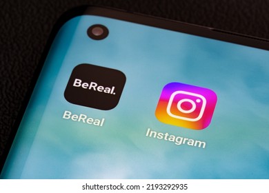 Bereal App Next To Instagram App Seen On The Smartphone Corner. BeReal Is A New Social Media App And Photo Sharing Platform. Stafford, United Kingdom, August 23, 2022.
