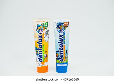 Berezovitsa, Ukraine - Circa June, 2016: Set Of Kids Toothpaste Dentolux