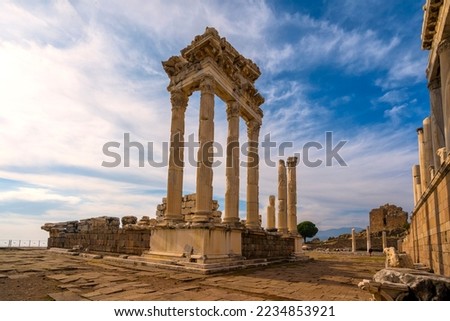 BERGAMA, TURKEY - 30 11 2022 Ruins of the Temple of Trajan the ancient site of Pergamum (Pergamon). Bergama is located in the Izmir province of western Turkey.