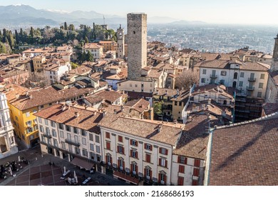 Bergamo, Italy- 04-07-2022: Aerial view of the main square of Bergamo Alta