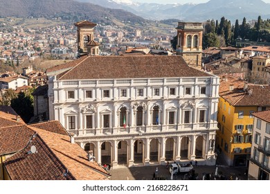 Bergamo, Italy- 04-07-2022: The main square of Bergamo Alta with the beautiful Palazzo Nuovo