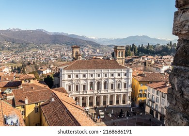 Bergamo, Italy- 04-07-2022: The main square of Bergamo Alta with the beautiful Palazzo Nuovo