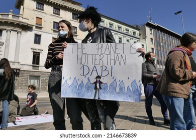 Bergamo, Italy: 25 March 2022: Fridays For Future, Peoples Manifestation For The Climate Change In Bergamo, Lombardy, Italy