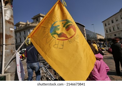 Bergamo, Italy: 25 March 2022: Fridays For Future, Peoples Manifestation For The Climate Change In Bergamo, Lombardy, Italy