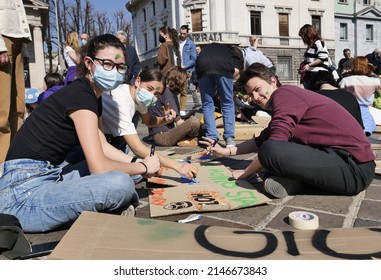 Bergamo, Italy: 25 March 2022: Fridays For Future, Peoples Manifestation For The Climate Change In Bergamo, Lombardy, Italy