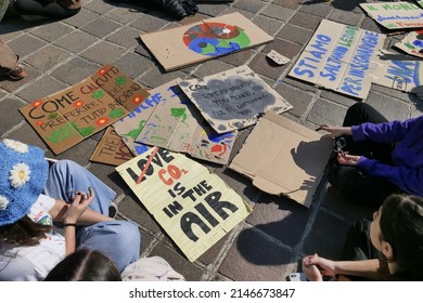 Bergamo, Italy: 25 March 2022: Fridays For Future, Peoples Manifestation For The Climate Change In Bergamo, Lombardy, Italy