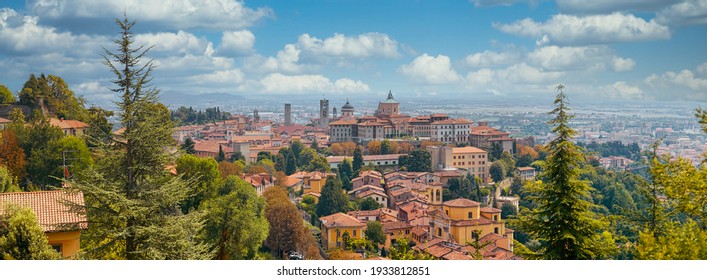 Bergamo, Italy - August 18, 2017: Panoramic view of the city of Bergamo from the castle walls.
