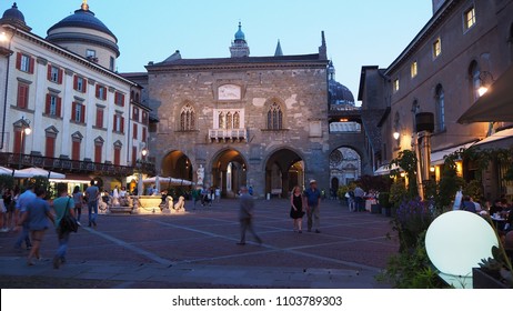 Bergamo, Italy, June 1, 2018. The Old city. Landscape at the old main square, the ancient Administration Headquarter and Contarini fountain