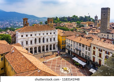 Bergamo, Italy - June 30, 2018: View of piazza Vecchia in Bergamo, Italy