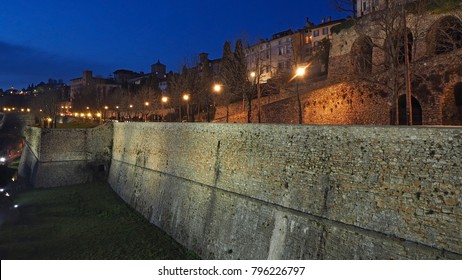 Bergamo, Italy. Landscape on the ancient walls of old city (upper town) during the night
