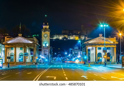 BERGAMO, ITALY, MARCH 19, 2016: Night view of Porta Nuova with the upper city on the background
