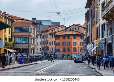 BERGAMO, ITALY - MAY 22, 2019: View of the historic buildings in the Lower Bergamo (Citta Bassa) in northern Italy. Bergamo is a city in the alpine Lombardy region.
