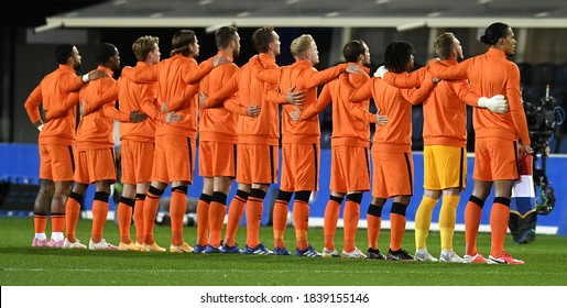 BERGAMO, ITALY, OCTOBER 14, 2020: the Holland national team sing the national anthem, during the Nations League soccer match Italy vs Netherlands, in Bergamo.