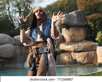 BERGAMO, Italy- October 28, 2017. Actor posing for photographers in person cosplay 'Captain Jack Sparrow' from Pirates of the Caribbean at Brusaporto Expo Photo day 2017. October 28, 2017.