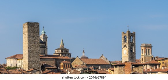 Bergamo, Italy. The old town. Landscape at the city center, the old towers and the clock towers from the ancient fortress called La rocca. Bergamo best of Italy and touristic destination