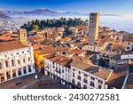 Bergamo, Italy. Piazza Vecchia and Torre del Gombito view from Campanone. Citta Alta beautiful day sunlight.