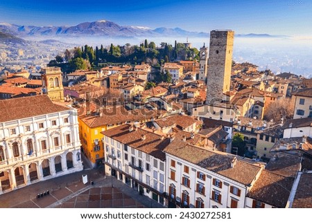 Bergamo, Italy. Piazza Vecchia and Torre del Gombito view from Campanone. Citta Alta beautiful day sunlight.